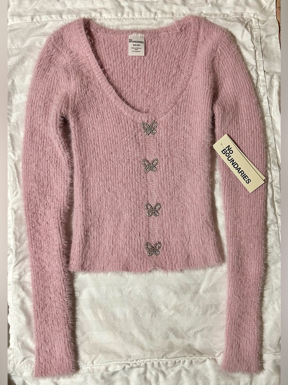 No Boundaries Pink Fuzzy V-Neck Sweater with Butterfly Buttons
